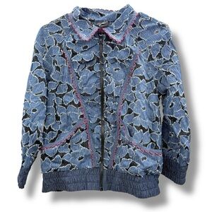 Anna Sui Floral Lace Denim Jacket Women’s Size Small Zip Front Collared